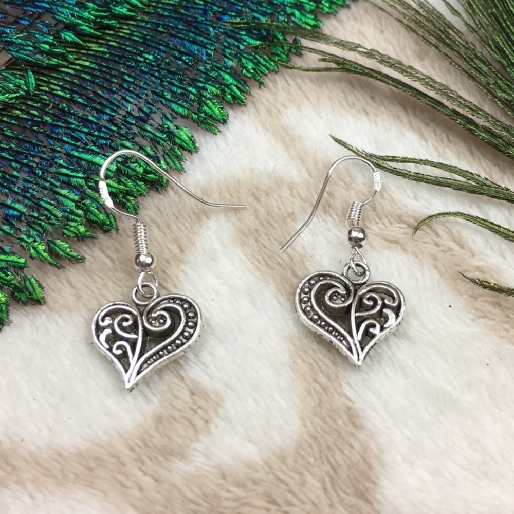 Sterling Silver Tibetan Heart Filigree Earrings - Picture 1 of 6